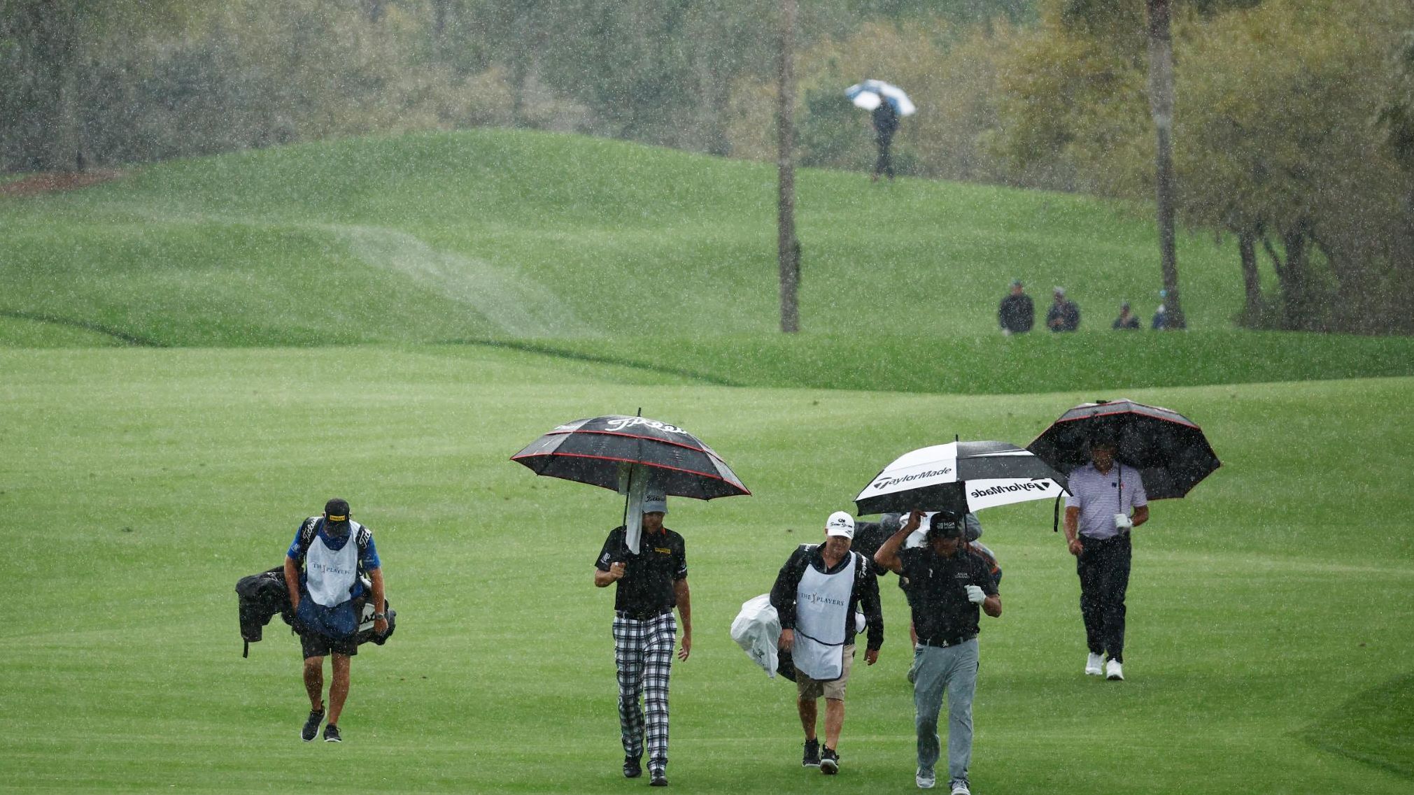 Poulter, Pat Perez and Jhonattan Vegas walk the fifth hole in the rain during the first round,