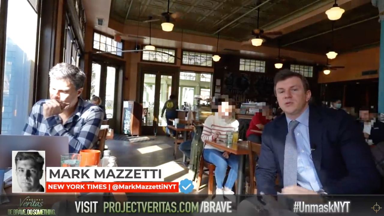 Screen shot from Project Veritas video that features the group's leader James O'Keefe (R) and the New York Times' Mark Mazzetti.