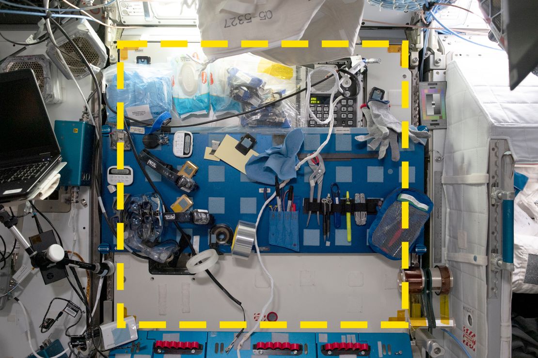 The dotted yellow line outlines a sample location for the Sampling Quadrangle Assemblages Research Experiment, part of the starboard workstation in the NASA Node 2 module (Harmony) on the International Space Station, photographed January 15.