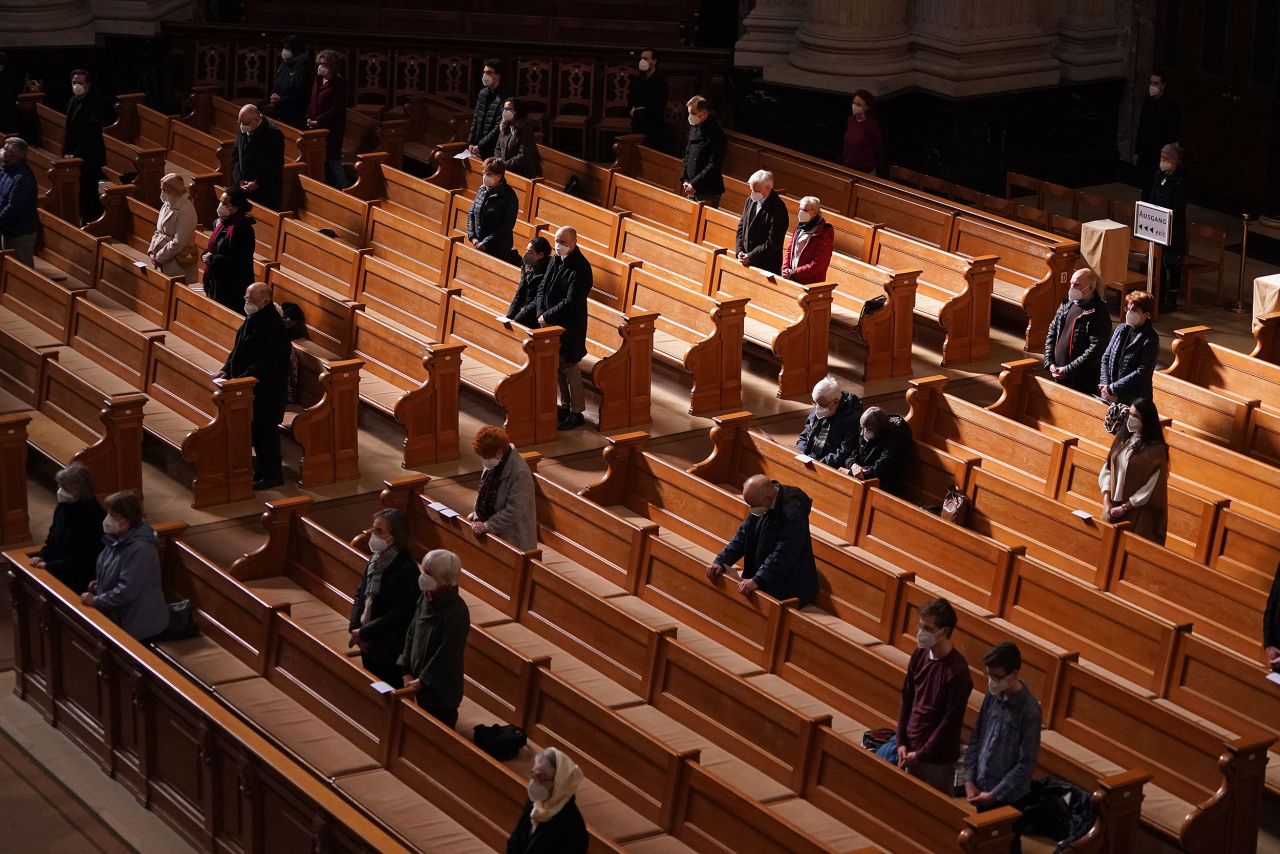 Berlin churchgoers attend a Good Friday service in April 2021. Using Covid-19 mitigation measures allowed places of worship to welcome back members.