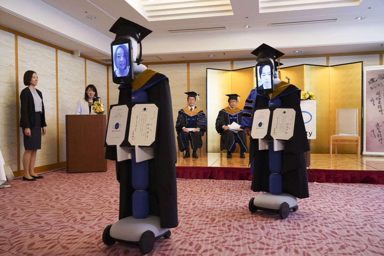 A Tokyo university holds a virtual graduation ceremony using robots in March 2020, a unique way to maintain the pomp and ritual for a rite so many students look forward to. 