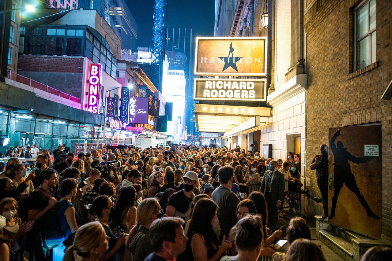 Buzzy audiences exit the Richard Rogers Theater at the end of the first return performance of "Hamilton" in September 2021. Broadway shows began to re-open to live audiences after being closed for more than a year due to Covid-19. 