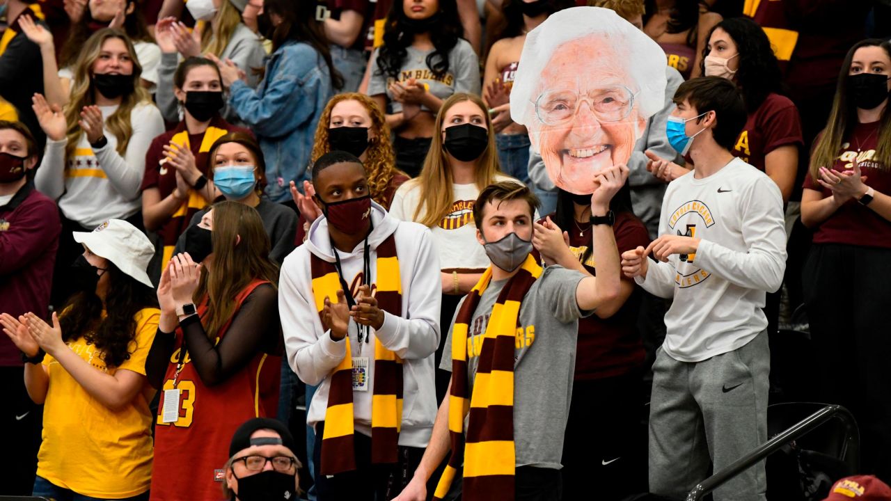 CHICAGO, IL - FEBRUARY 19: A Loyola Chicago fan holds a cutout of team chaplain Sister Jean during a college basketball game between the Drake Bulldogs and the Loyola Chicago Ramblers on February 19, 2022, at Joseph J. Gentile Arena in Chicago, IL.