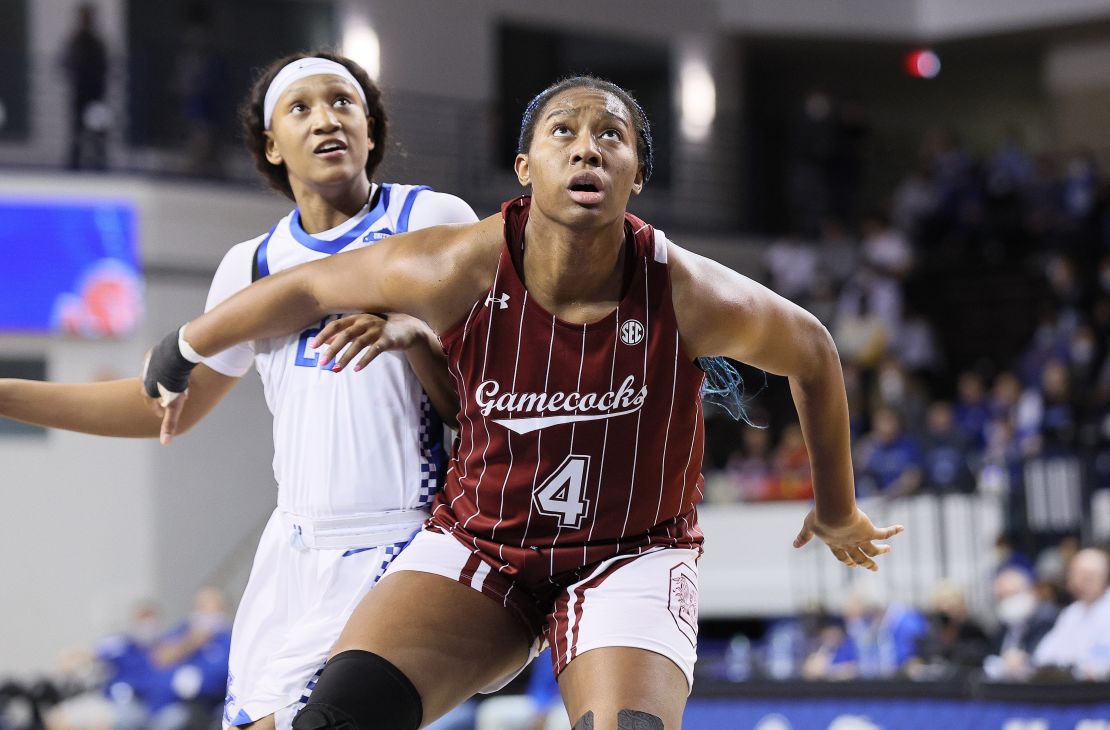 Aliyah Boston #4 of the South Carolina Gamecocks against the Kentucky Wildcats at Rupp Arena on February 10, 2022, in Lexington, Kentucky.