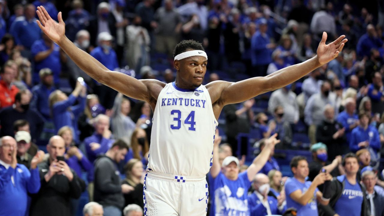 Oscar Tshiebwe #34 of the Kentucky Wildcats against the Ole Miss Rebels at Rupp Arena on March 01, 2022, in Lexington, Kentucky.