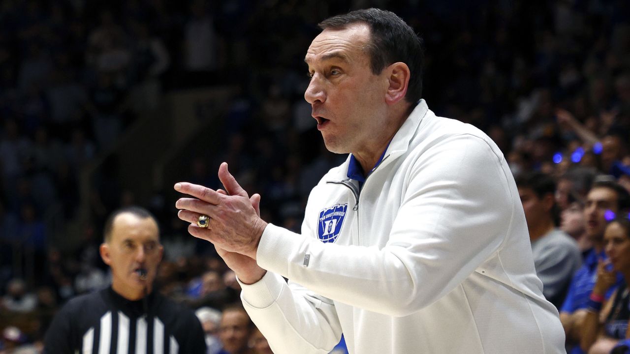 Head coach Mike Krzyzewski of the Duke Blue Devils reacts during the first half against the North Carolina Tar Heels at Cameron Indoor Stadium on March 05, 2022 in Durham, North Carolina.