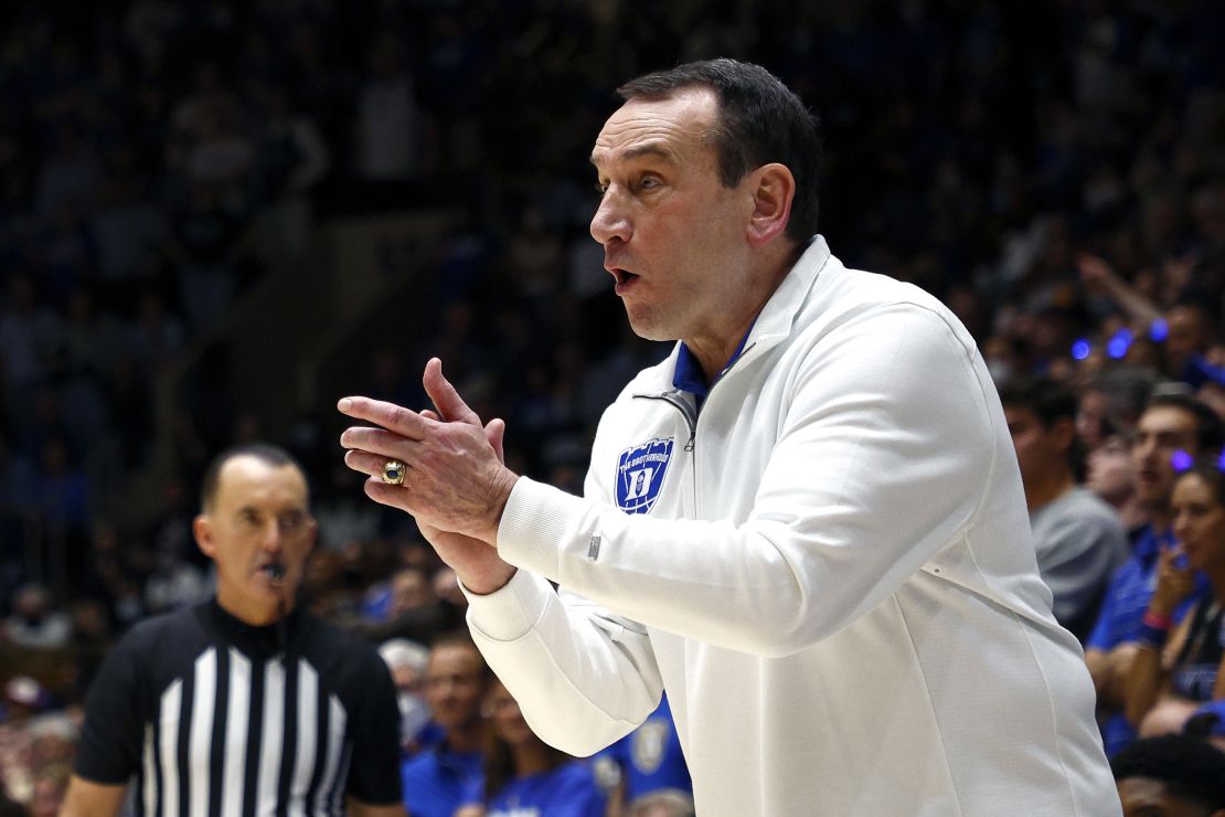 Head coach Mike Krzyzewski of the Duke Blue Devils reacts during the first half against the North Carolina Tar Heels at Cameron Indoor Stadium on March 05, 2022 in Durham, North Carolina.