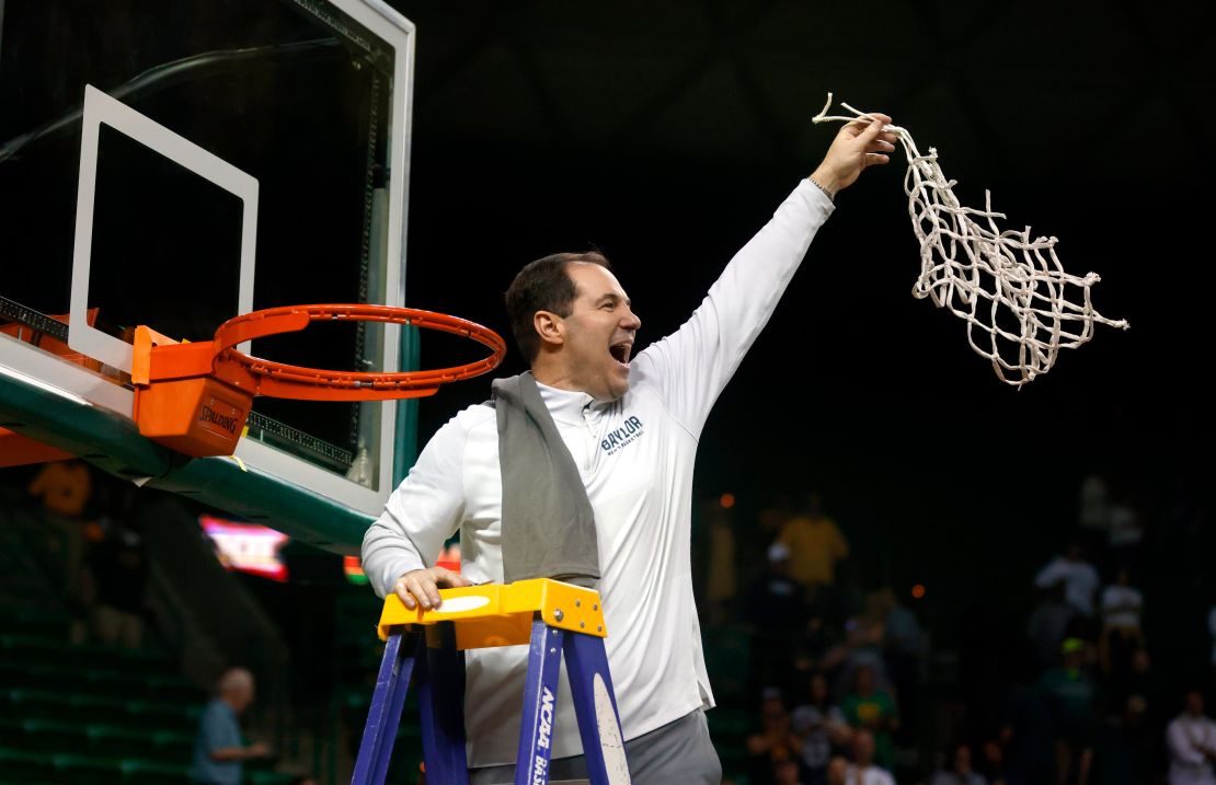 Head coach Scott Drew of the Baylor Bears celebrates the team 75-68 win over the Iowa State Cyclones at the Ferrell Center on March 5, 2022, in Waco, Texas. Baylor won a share of the Big 12 Championship with the win. 