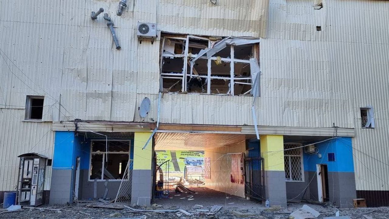 Chernihiv's football stadium has been damaged by Russian airstrikes.