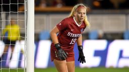 Katie Meyer #19 of the Stanford Cardinal defends the goal against the North Carolina Tar Heels during the Division I Women's Soccer Championship held at Avaya Stadium on December 8, 2019 in San Jose, California. Stanford defeated North Carolina in a shootout. 