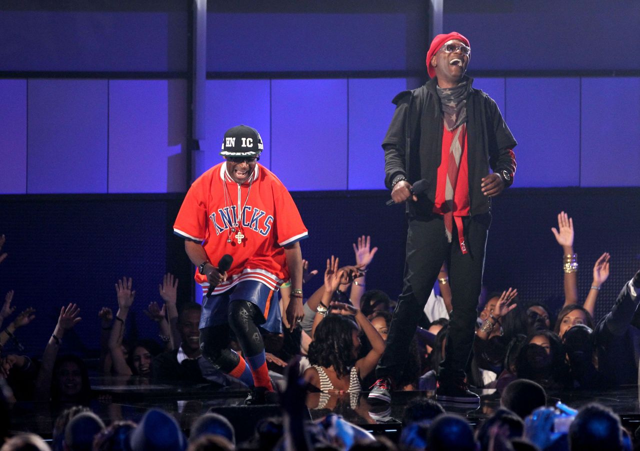 Lee, left, appears on stage with actor Samuel L. Jackson at the BET Awards in 2012.