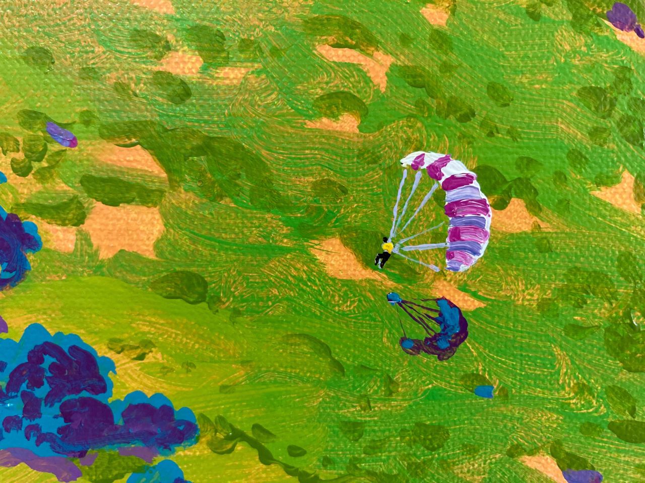 In his paintings, people can be seen doing outdoor activities, like hiking and, in this detail, parachuting.