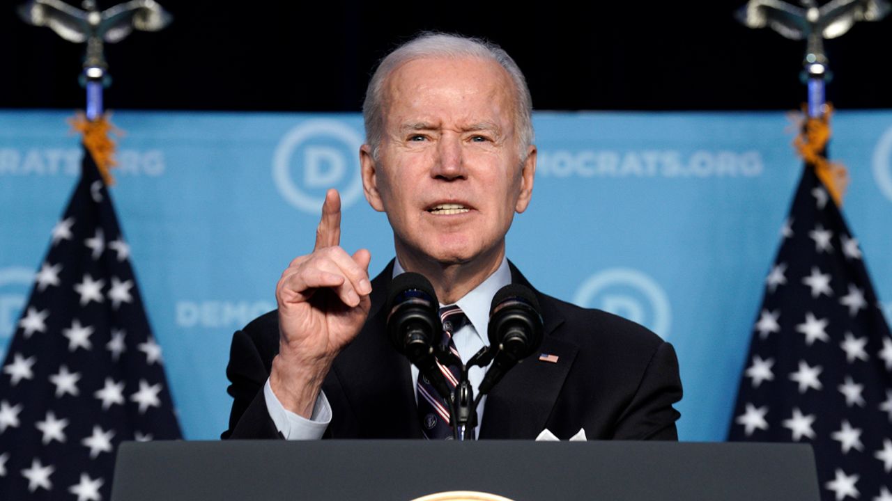 President Joe Biden speaks to members at the Democratic National Committee winter meeting in Washington, DC, on March 10, 2022. 