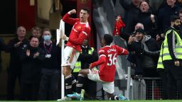MANCHESTER, ENGLAND - MARCH 12: Cristiano Ronaldo of Manchester United celebrates after scoring their side's third goal during the Premier League match between Manchester United and Tottenham Hotspur at Old Trafford on March 12, 2022, in Manchester, England. (Photo by Naomi Baker/Getty Images)