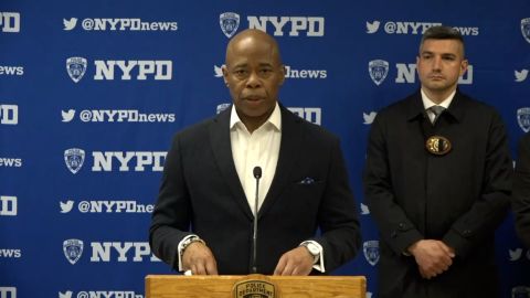 Mayor Eric Adams speaks at a news conference after two people were shot while sleeping on the streets of New York City Saturday.