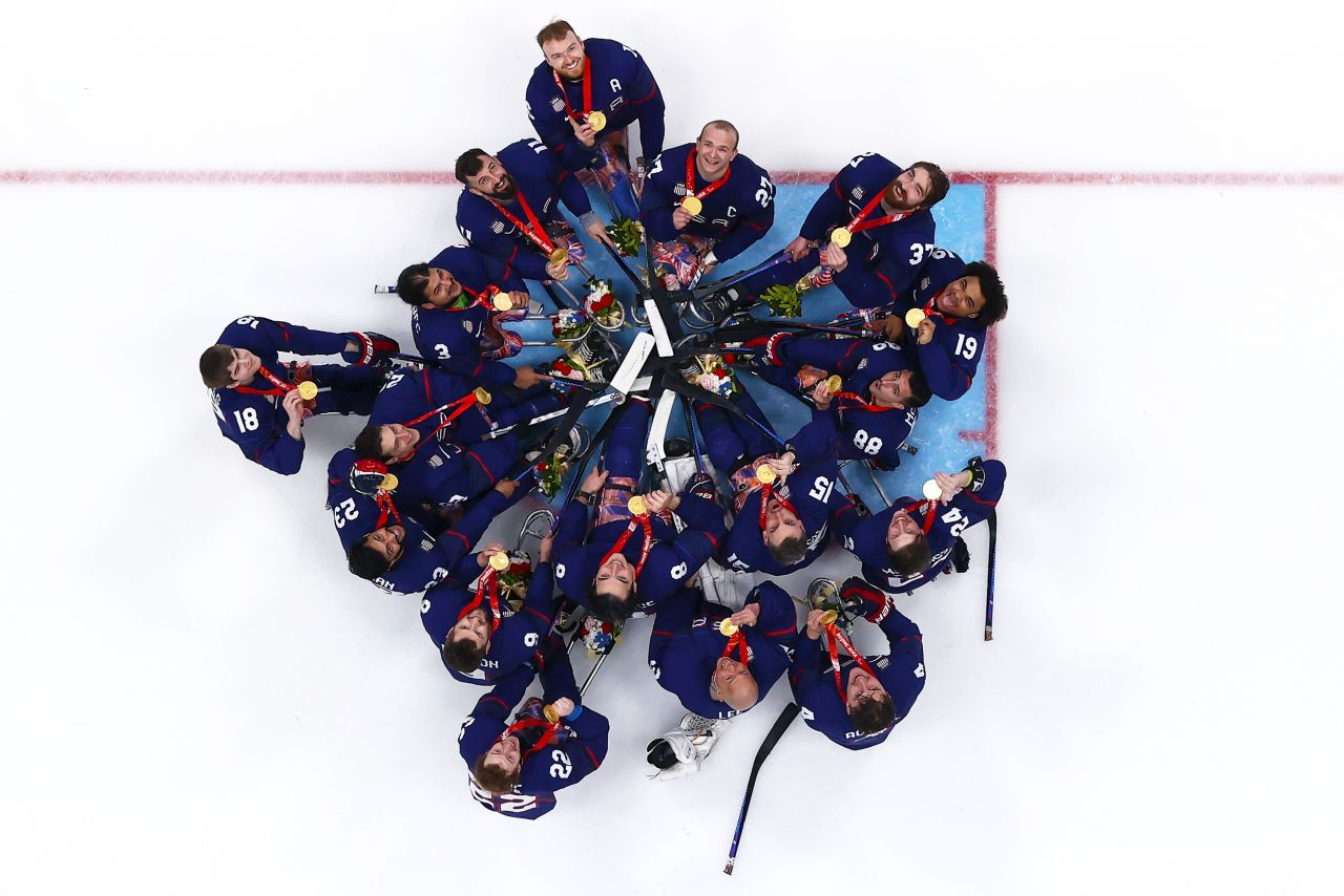 Team USA celebrates after winning gold in hockey on March 13.