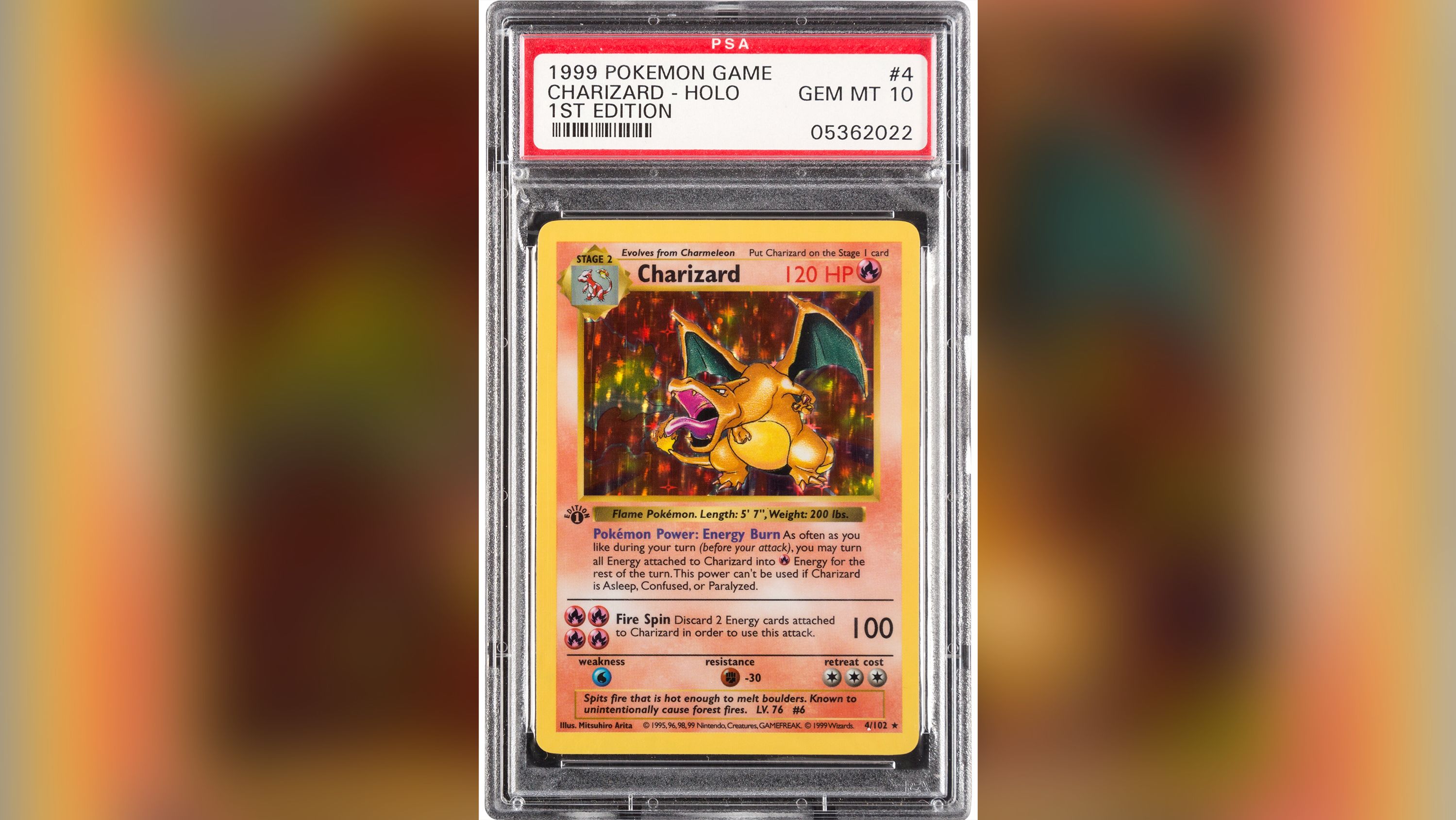 A 1999 Pokémon Charizard card drew attention for its rarity and perfect PSA GEM-MT 10 grading.