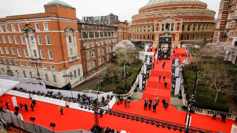 An aerial view of the red carpet.