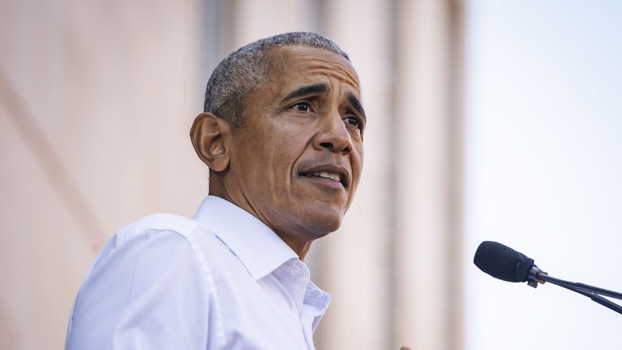 Former President Barack Obama speaks in Richmond, Virginia, on October 23, 2021. 