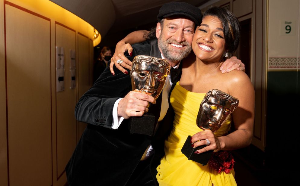 Actors Troy Kotsur and Ariana DeBose hold the BAFTAs they won for supporting roles on Sunday, March 13. Kotsur won for his role in the film "CODA." DeBose won for "West Side Story."