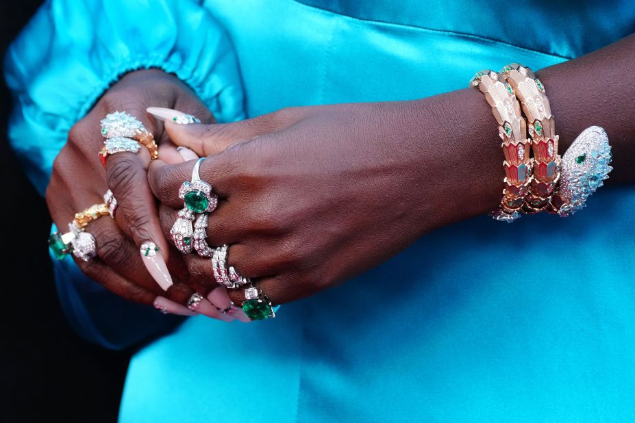 A close-up view of Jodie Turner-Smith's jewelry on the red carpet.