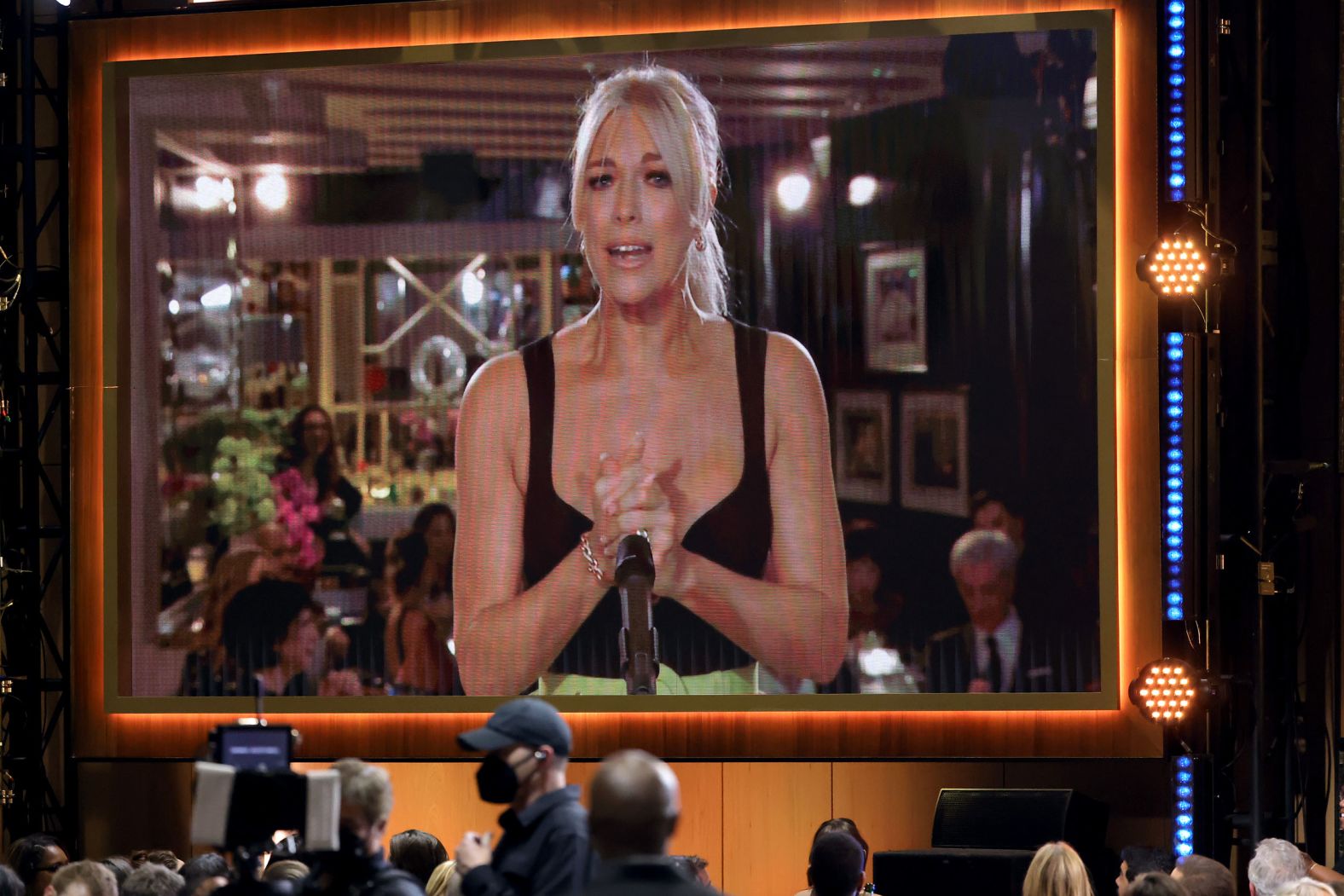 Hannah Waddingham accepts the award via video for best supporting actress in a comedy series ("Ted Lasso"). Many award winners were accepting from the Savoy Hotel in London.