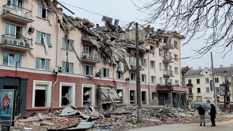 An external view shows hotel Ukraine destroyed during an air strike, March 12.