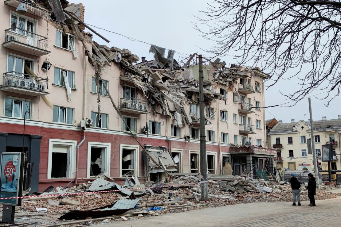 An external view shows hotel Ukraine destroyed during an air strike, March 12.