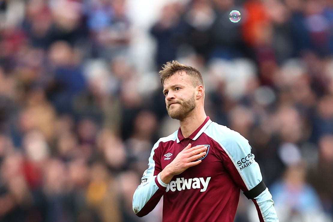 Yarmolenko acknowledges the fans following West Ham's victory.