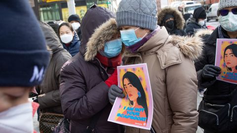 A January 2022 memorial vigil for Yao Pan Ma on the Harlem street corner where he was beaten. Ma, from China, was attacked while collecting cans and died from his injuries eight months later. 