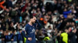 MADRID, SPAIN - MARCH 09: Lionel Messi of Paris Saint-Germain looks dejected during the UEFA Champions League Round Of Sixteen Leg Two match between Real Madrid and Paris Saint-Germain at Estadio Santiago Bernabeu on March 09, 2022 in Madrid, Spain. (Photo by Angel Martinez/Getty Images)