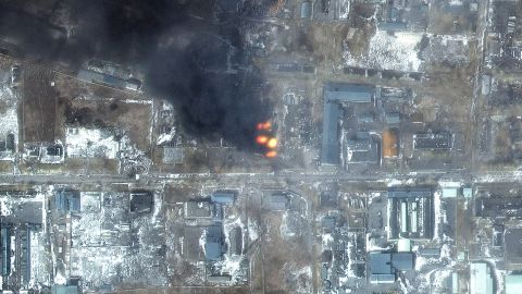 This satellite image shows fires in an industrial area in the western section of Mariupol on March 12.