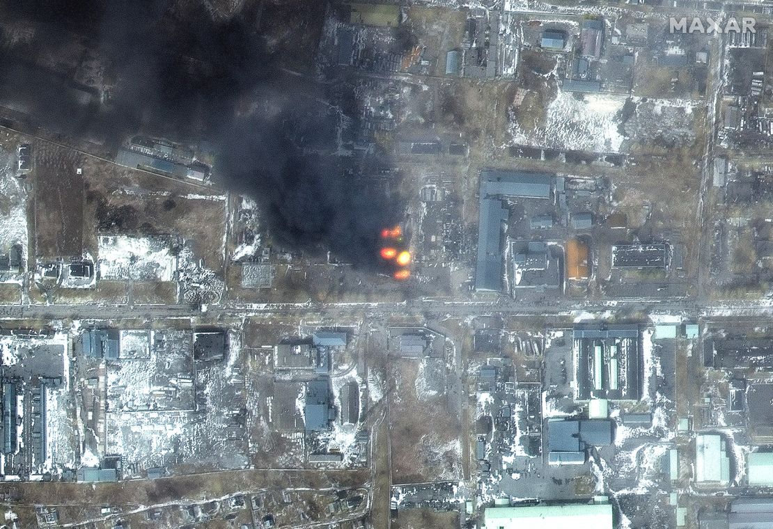 A satellite image shows fires in western Mariupol on Saturday.