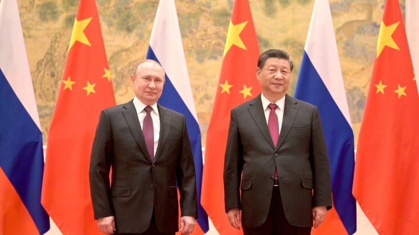 BEIJING, CHINA â FEBRUARY 4: (---EDITORIAL USE ONLY - MANDATORY CREDIT - "KREMLIN PRESS OFFICE / HANDOUT" - NO MARKETING NO ADVERTISING CAMPAIGNS - DISTRIBUTED AS A SERVICE TO CLIENTS----) Russian President Vladimir Putin (L) and Chinese President Xi Jinping (R) meet in Beijing, China on February 4, 2022. (Photo by Kremlin Press Office/Handout/Anadolu Agency via Getty Images)