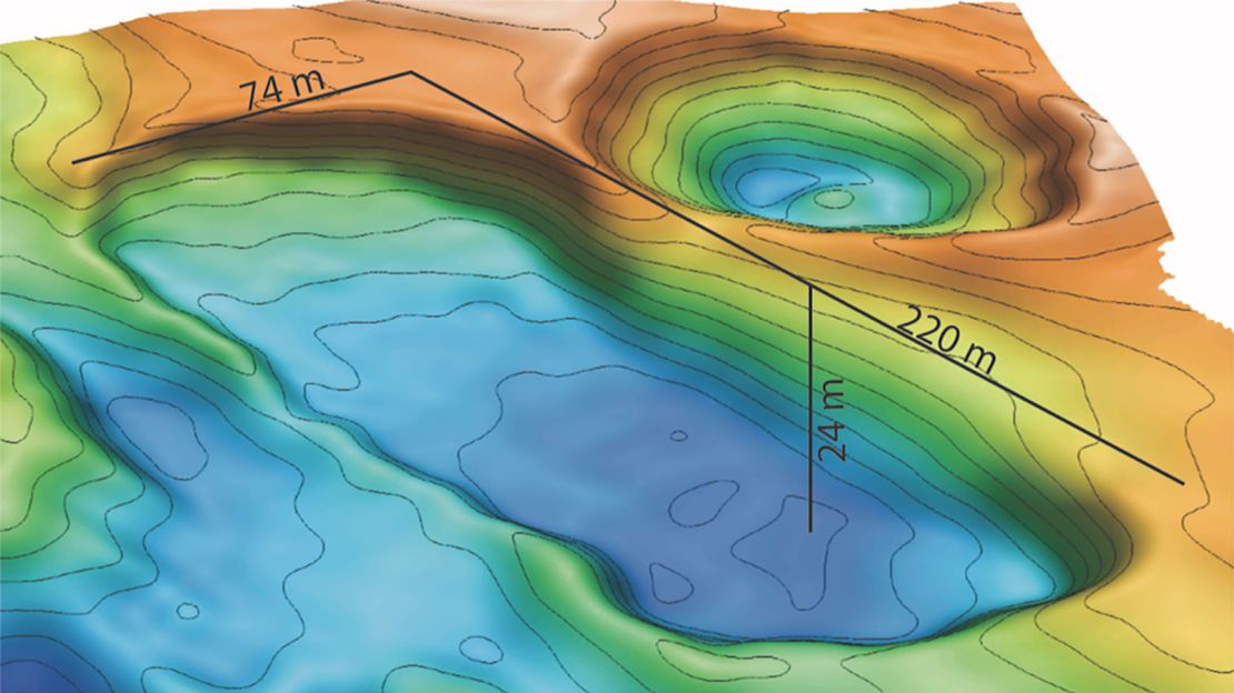 Mapping autonomous underwater vehicles detailed the unusually rough seafloor terrain along the edge of the continental shelf in the  Arctic. Sinkholes have developed where permafrost at depth has thawed. 