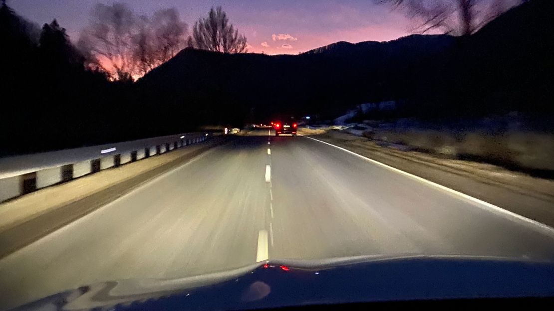 The Gerbut family scanned the horizon in their rearview mirrow as they fled the war.