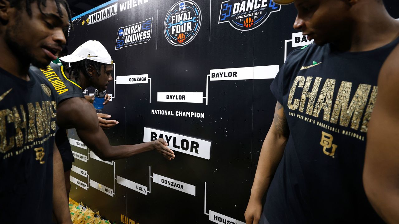 Baylor's Jonathan Tchamwa Tchatchoua completes the bracket after defeating the Gonzaga Bulldogs 86-70 in the 2021 National Championship. 