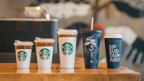 Examples of Starbucks' reusable cups. 