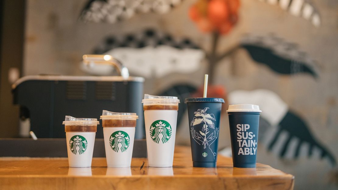 Examples of Starbucks' reusable cups. 