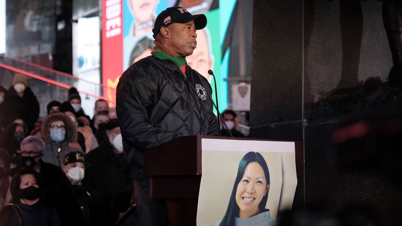 New York Mayor Eric Adams joins local politicians, activists and residents at a vigil for Michelle Go.