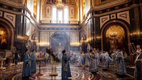 Orthodox priests and Russian Orthodox Patriarch Kirill (R) attend a service in the Cathedral of Christ the Savior in Moscow last April.