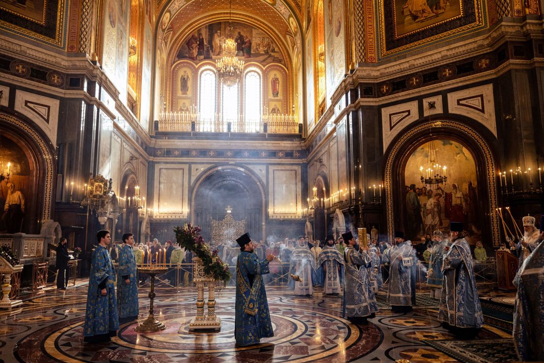 Orthodox priests and Russian Orthodox Patriarch Kirill (R) attend a service in the Cathedral of Christ the Savior in Moscow last April.