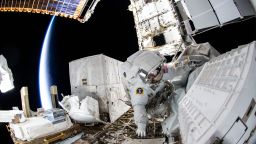 NASA spacewalker Kayla Barron is pictured during a six-hour and 32 minute spacewalk on Dec. 2, 2021, to replace a failed antenna system on the International Space Station's Port-1 truss structure