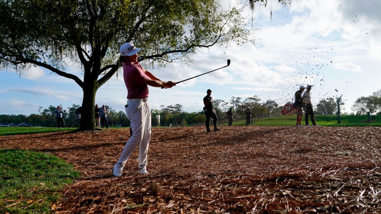 Smith hits out of the pine straw along the 18th fairway during the final round of the Players Championship.