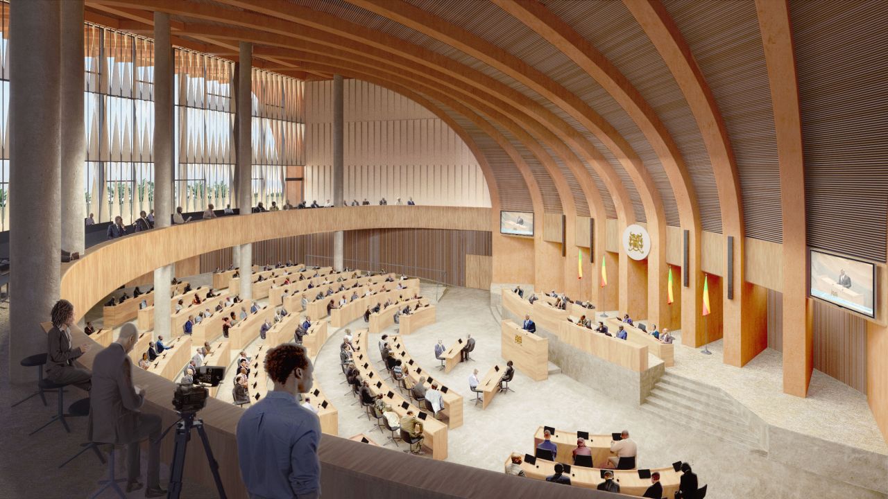 A digital impression of the Benin National Assembly, which is currently under construction.