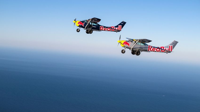 Red Bull Air Force members Luke Aikins and Andy Farrington practicing for their Plane Swap on March 8, 2022.
