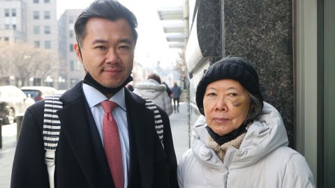 Hoa Nguyen, right, was punched in the face on January 19, 2022 in Brooklyn, New York, police says. Her son, left, Khanh Nguyen, says the family has been harassed online since the attack.