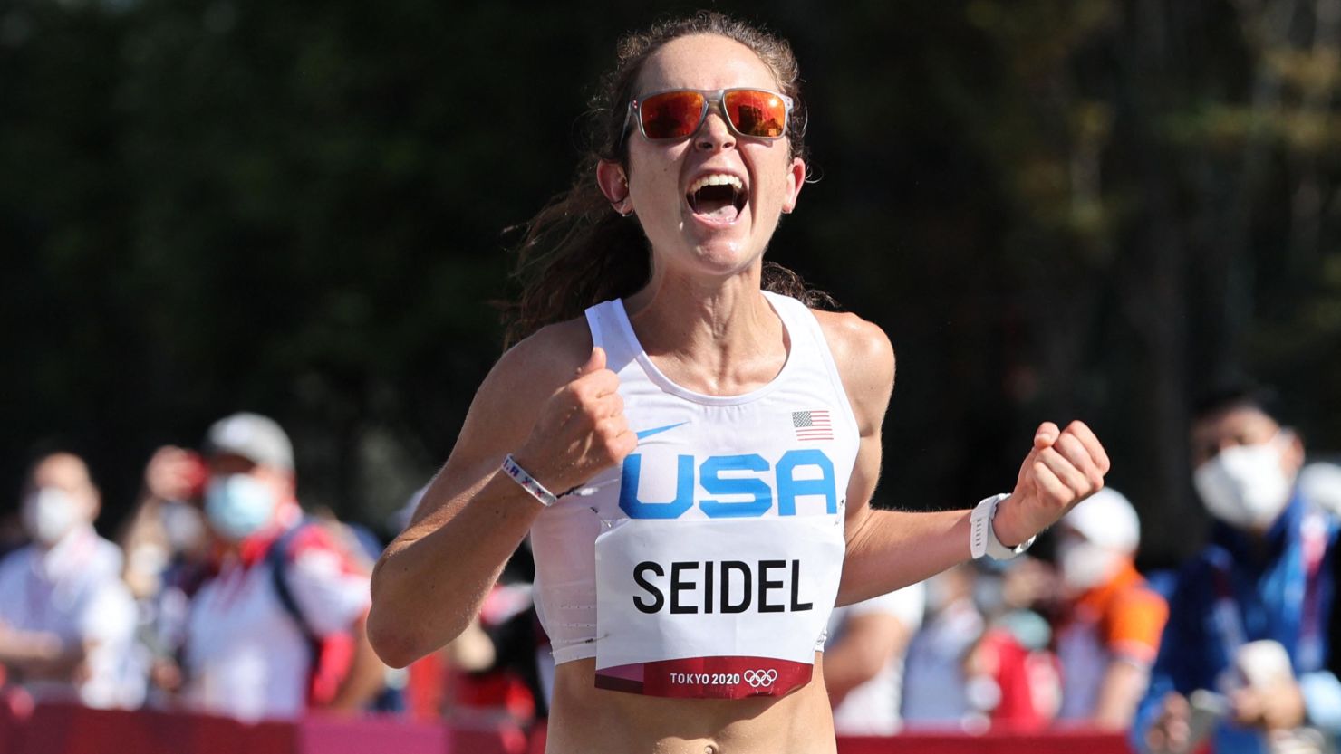 Seidel celebrates as she crosses the finish line of the women's marathon at last year's Olympic Games. 