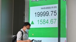 A man walks past a sign showing the numbers for the Hang Seng Index before the close in Hong Kong on March 16, 2022.