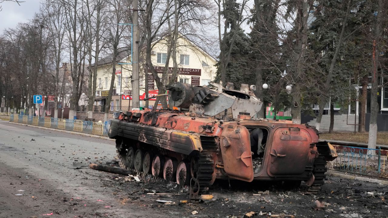 A destroyed armored personnel carrier is seen in Makariv on March 4.